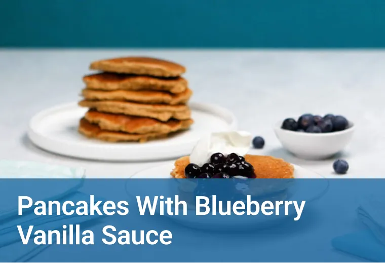 Healthcare career school Ultimate Medical Academy's graphic of pancakes with blueberry vanilla sauce sitting on a plate