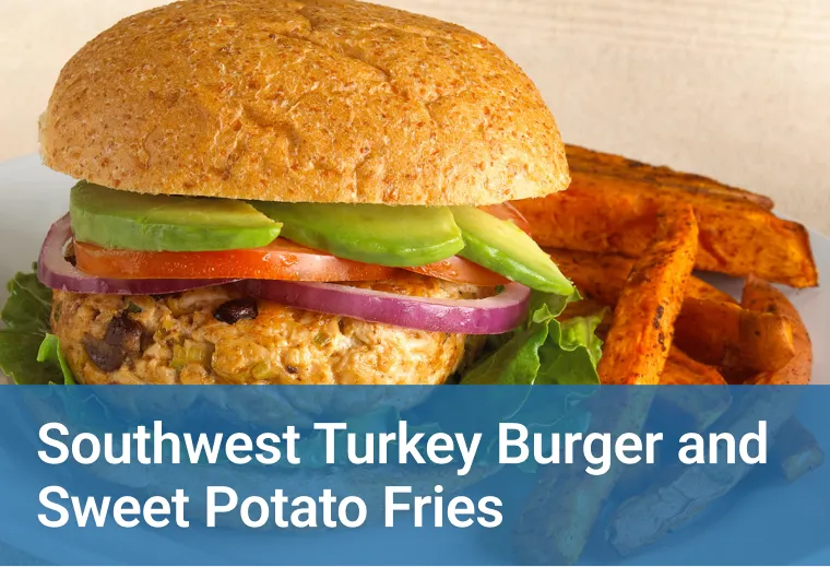 Healthcare career school Ultimate Medical Academy's graphic of southwest turkey burger and sweet potato fries sitting on a plate